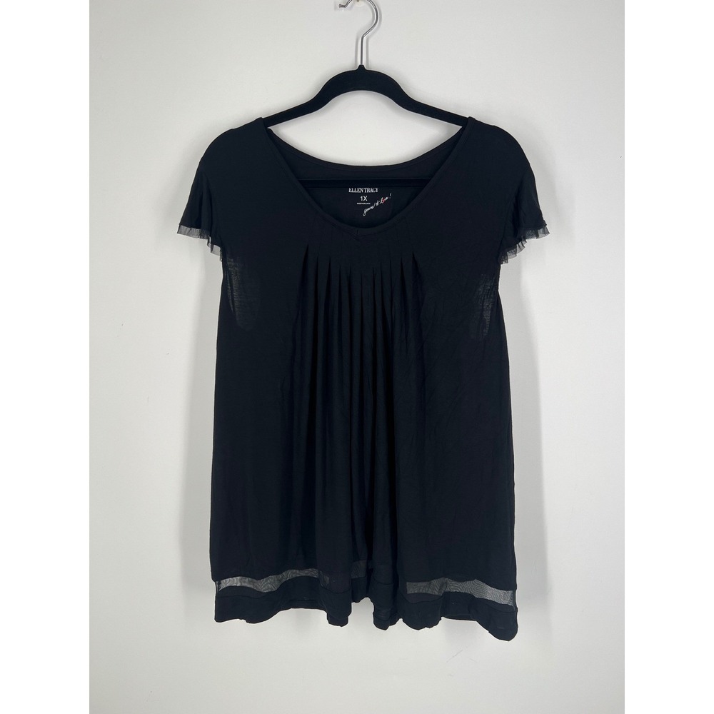 Ellen Tracy Womens Black Pleated Mesh Trim Short Sleeve Blouse N9415331 1X
